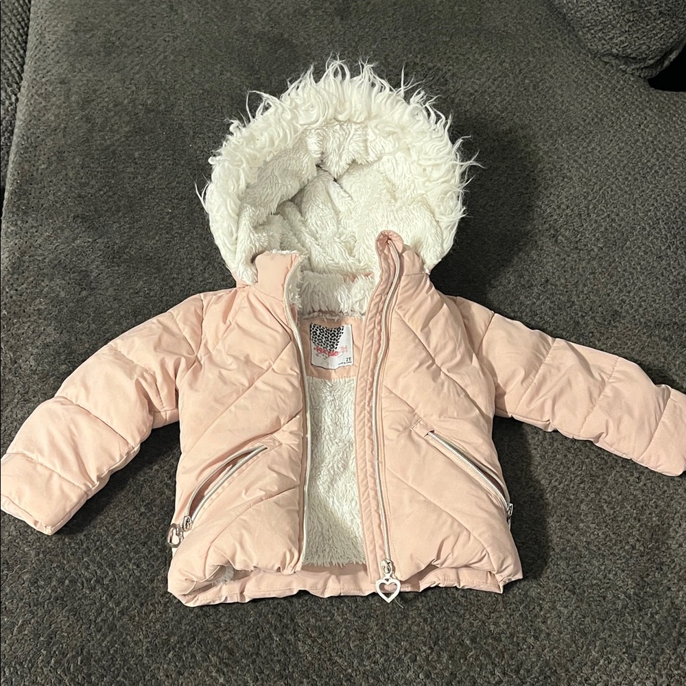 Toddler Pink Hooded Puffer Jacket with Faux Fur Lining